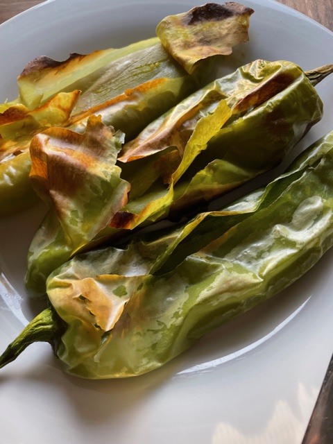 Chilis that have been blistered in the oven.