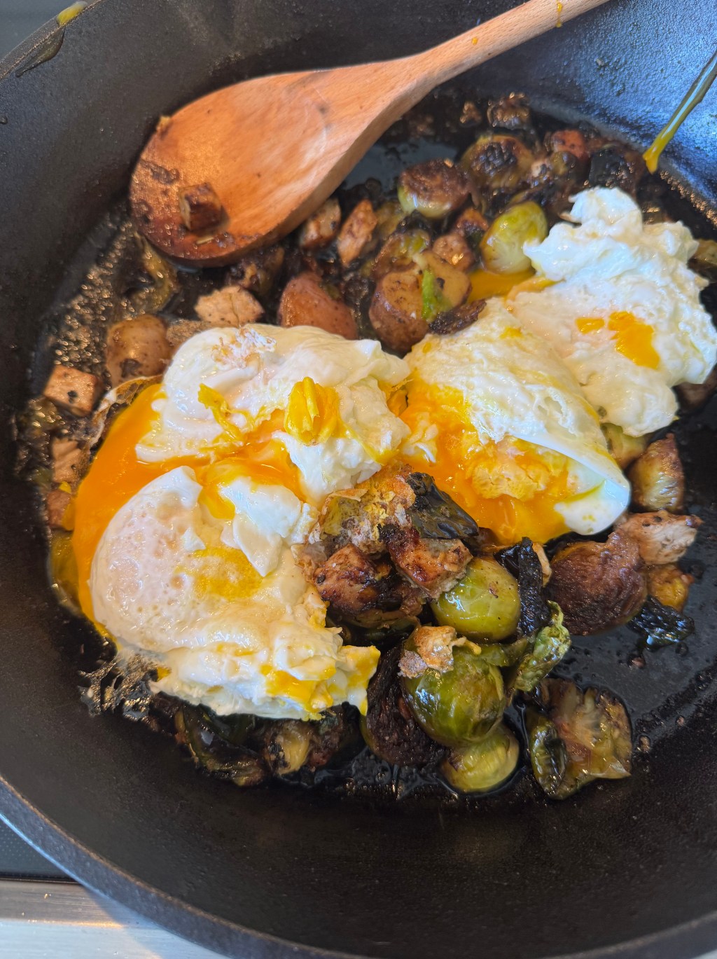 Brussels Sprouts Hash—with eggs, potatoes, & vegan “sausage”