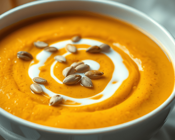 Roasted squash soupin a white bowl with pumpkin seeds on top.