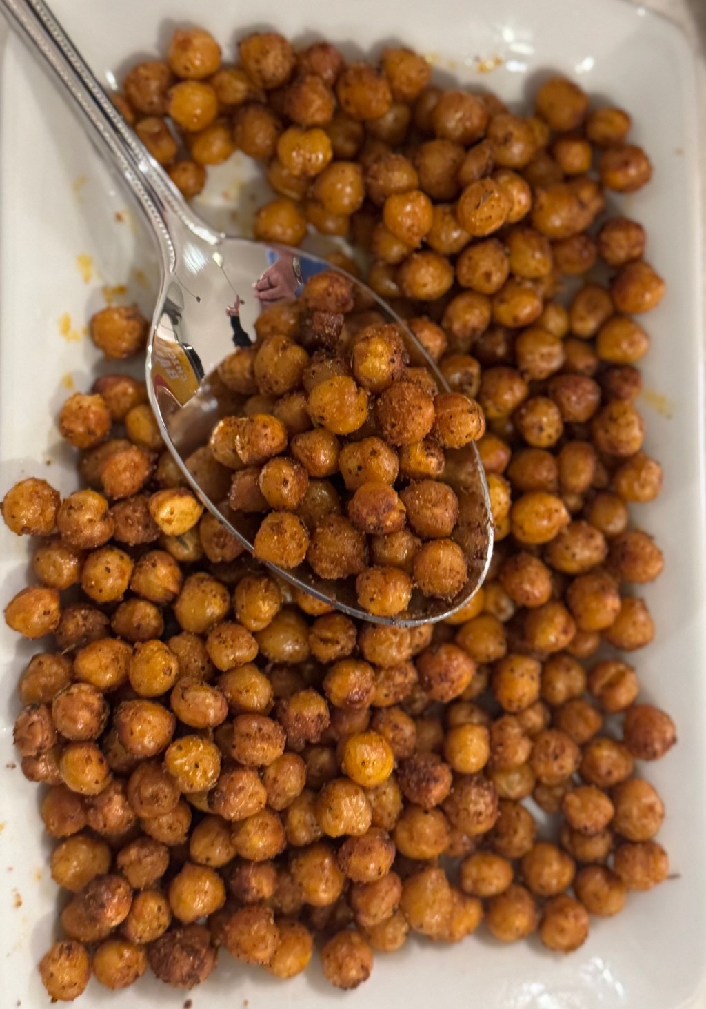 White dish with roasted chickpeas.