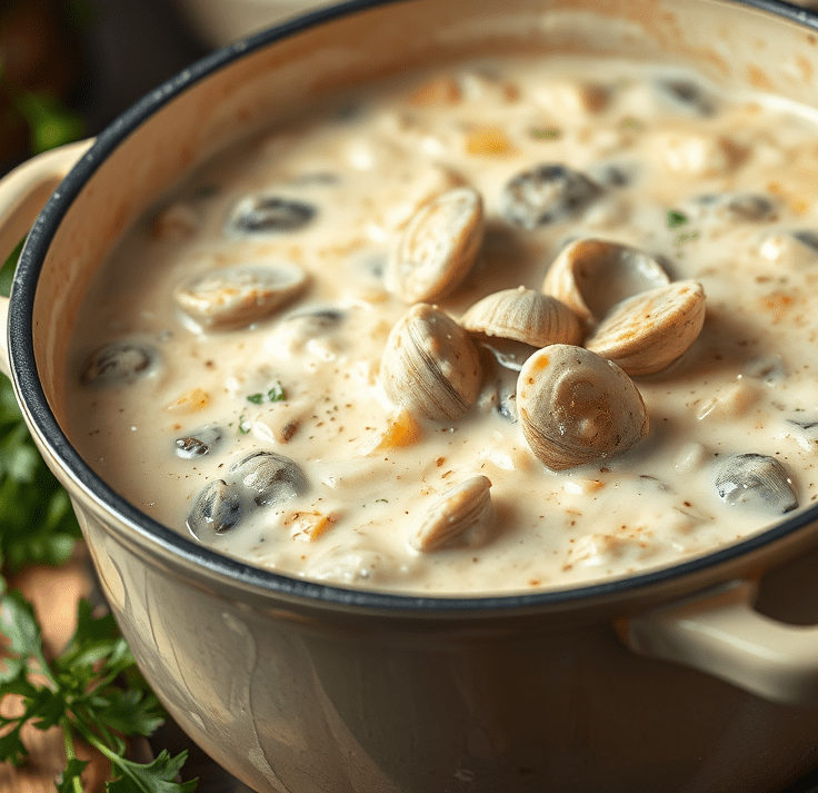 New England clam chowder in a large Dutch oven.
