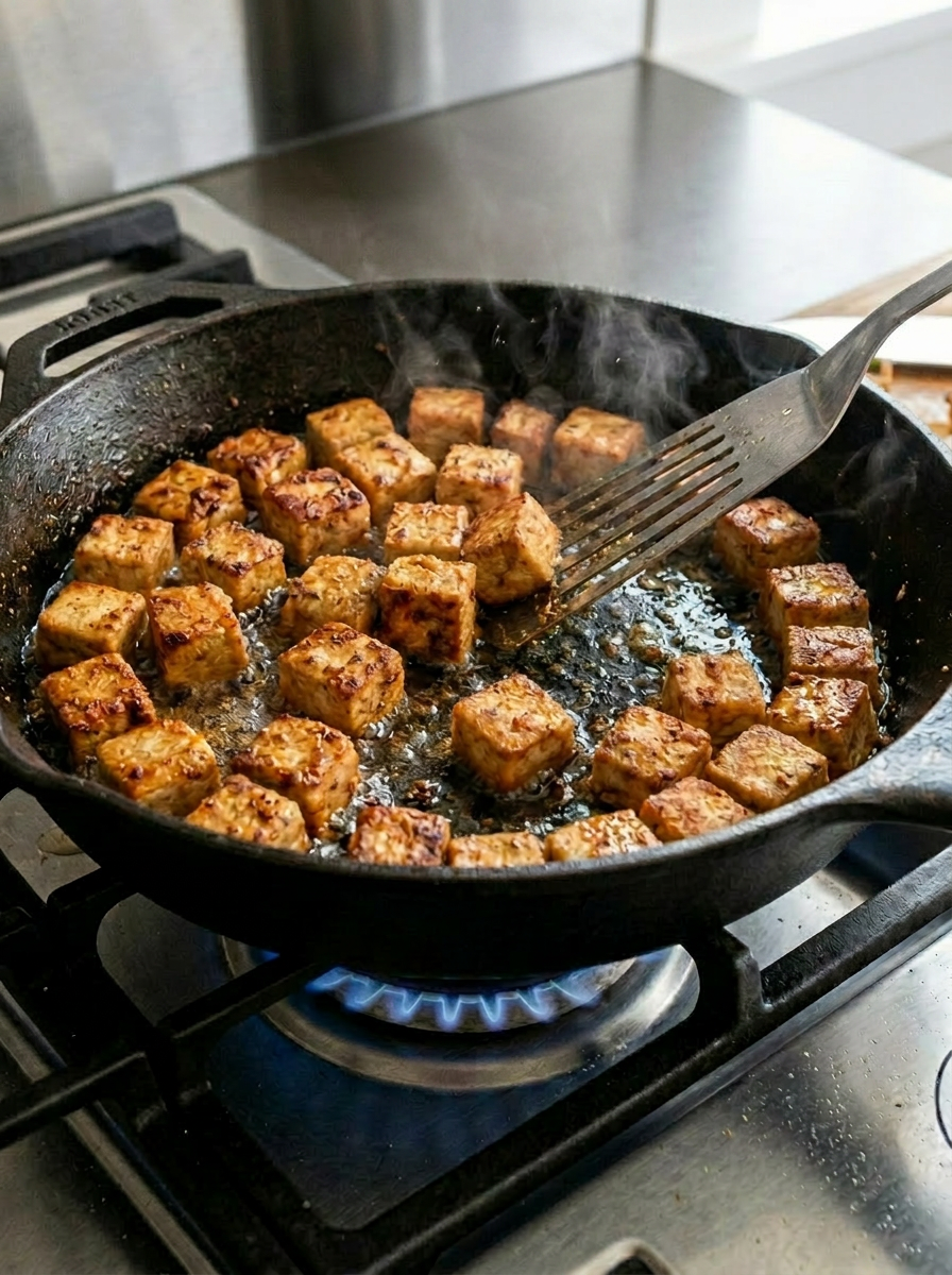 Tofu cubes searing in a cast iron pan with sesame oil on a gas stovetop
