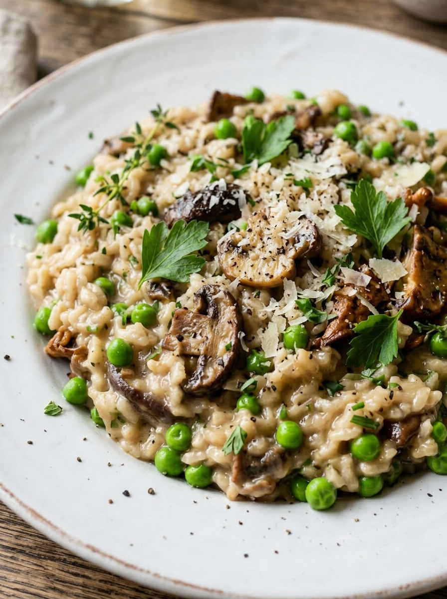 Plate of creamy mushroom risotto with green peas and parsley on wooden table.
