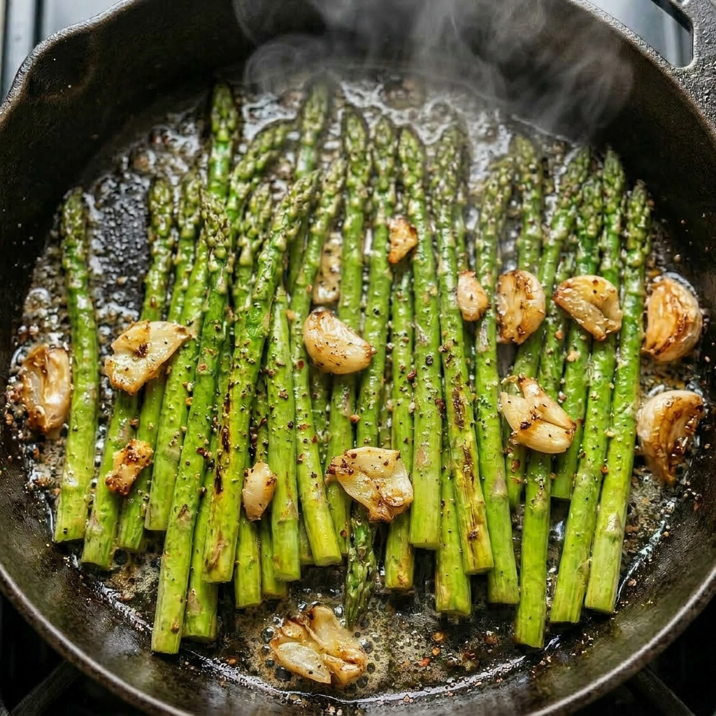 Fresh asparagus stalks and halved garlic bulbs cooking in a cast iron skillet