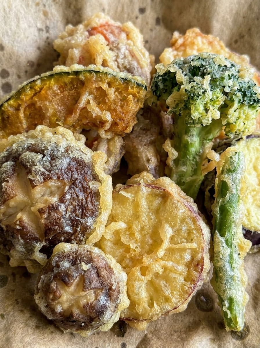 Crispy tempura vegetables including broccoli, green bean, sweet potato, pumpkin, and shiso leaf on parchment paper.
