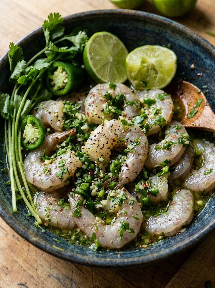 Raw shrimp marinating in a bowl with chopped herbs, sliced jalapeño, and lime halves
