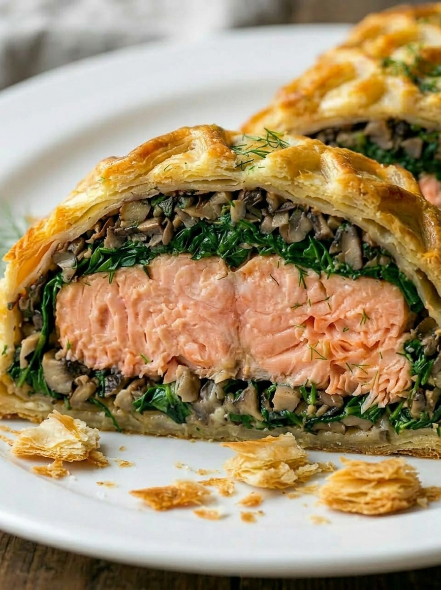 Slice of salmon Wellington with mushroom and spinach inside golden pastry