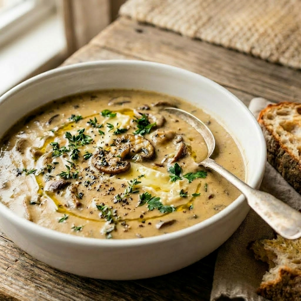 Creamy Mushroom Brie Soup—not vegan, but plant-based