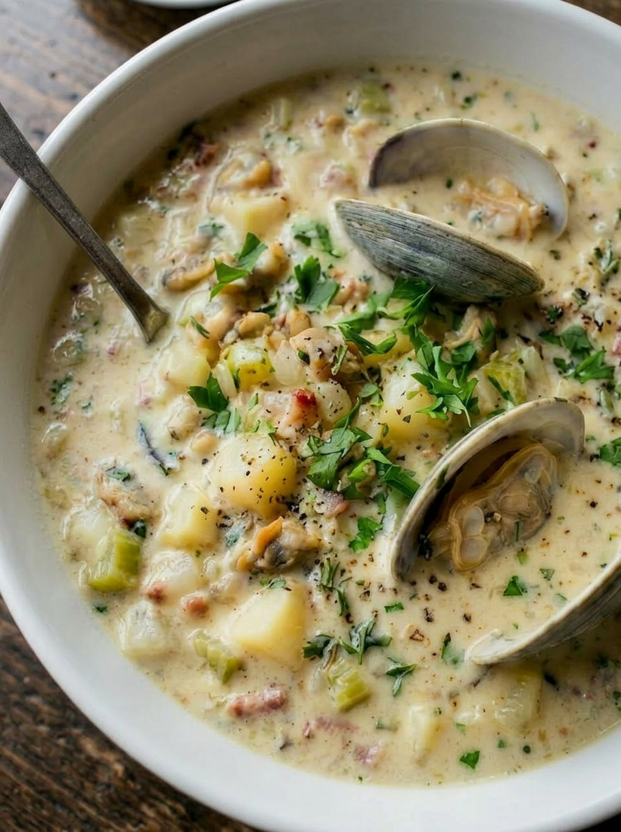 Creamy New England clam chowder with clams, potatoes, celery, bacon, and parsley garnish
