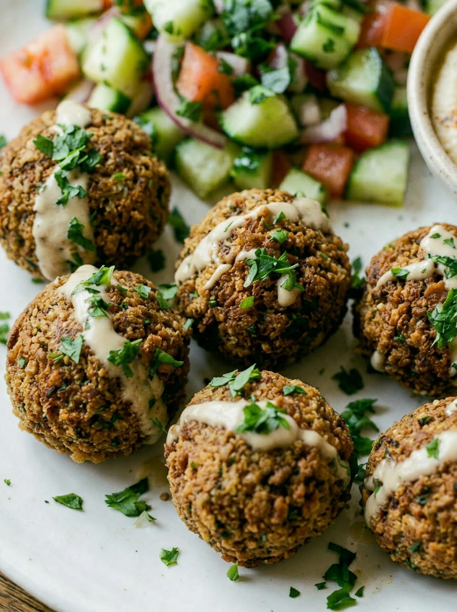 Plate with falafel balls drizzled with sauce, cucumber tomato salad, pita bread, and bowl of hummus with olive oil