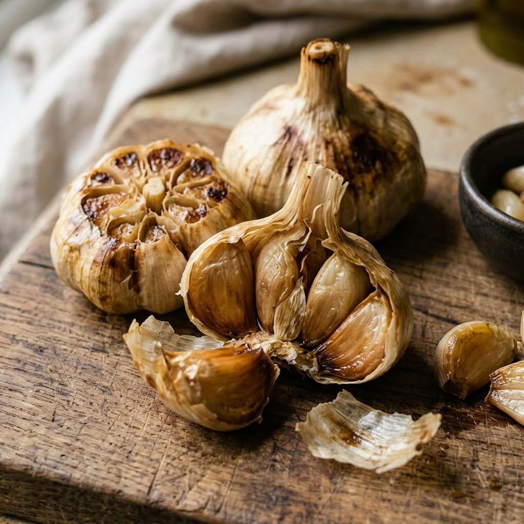 Roasted garlic bulbs and peeled cloves on a wooden cutting board with a small black bowl and fork
