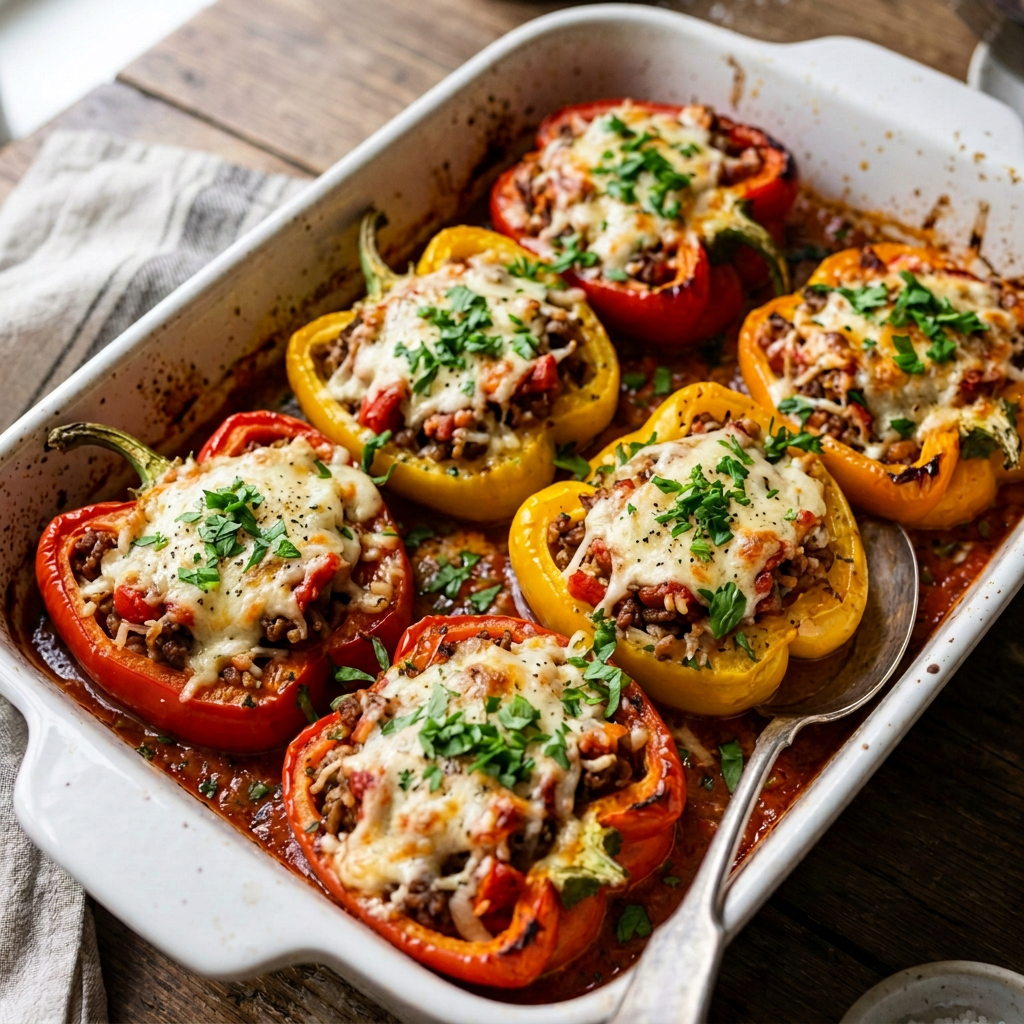 Baked red and yellow bell peppers stuffed with meat, cheese, and herbs