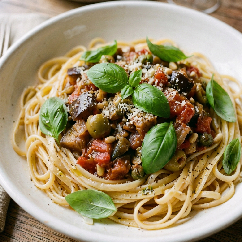 Spaghetti with vegetables, basil, bread, red wine, and olive oil