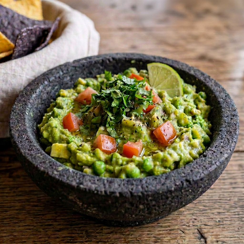 Bowl of guacamole garnished with herbs, onion, and lime beside tortilla chips