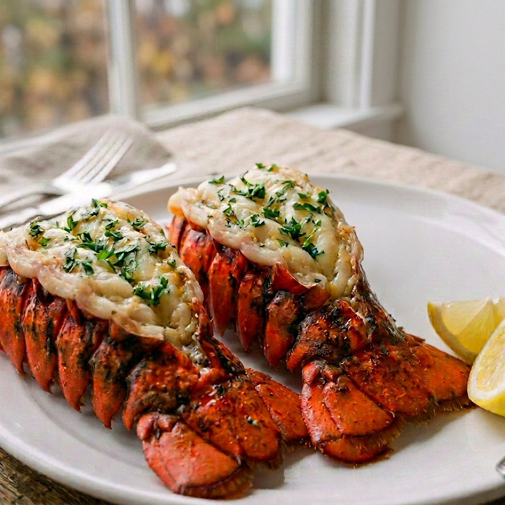 Two butter-topped lobster tails with lemon wedges and dipping sauce