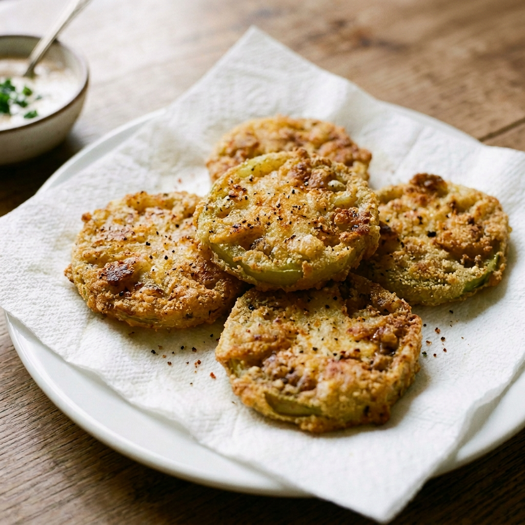 Plate of crispy fried green tomato fritters with herbed sauce